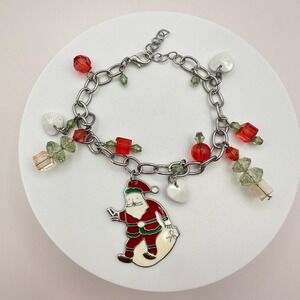 Vintage 90s Christmas Charm Bracelet Santa Enamel Glass Beads SilverTone